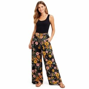 Boho Floral Wide Leg Palazzo Pants Medium Black High Rise Pockets Smocked Back
